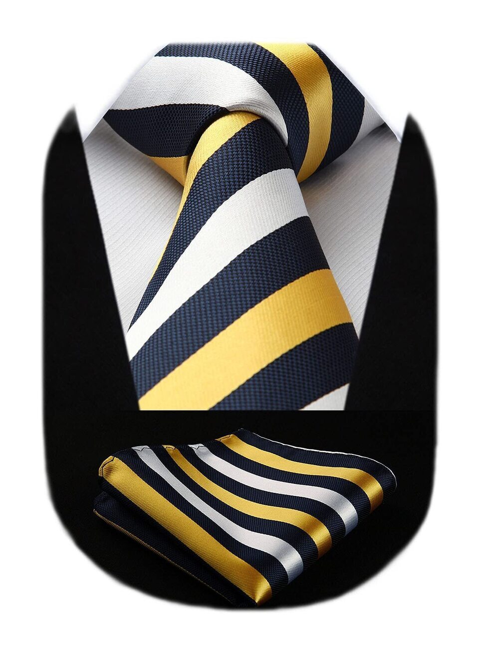 7846 Ties Yellow White Stripe Tie and Pocket Square Set Business Navy